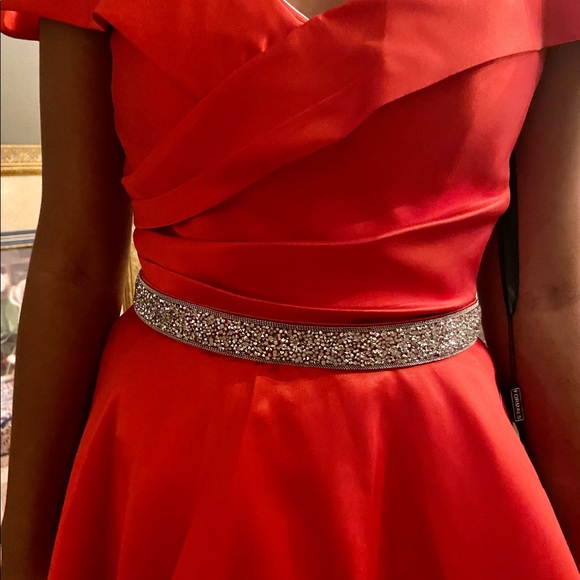 Red Off the Shoulder Ballgown with beaded waist - Picture 2 of 7